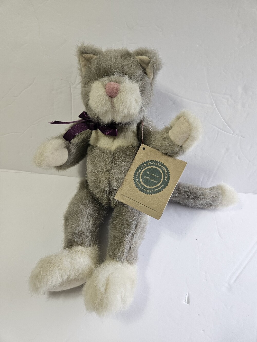J.B. Bean "SweetPea" Gray & White Cat Plush w/ Tag Vintage, 6-14in 1993 Purple